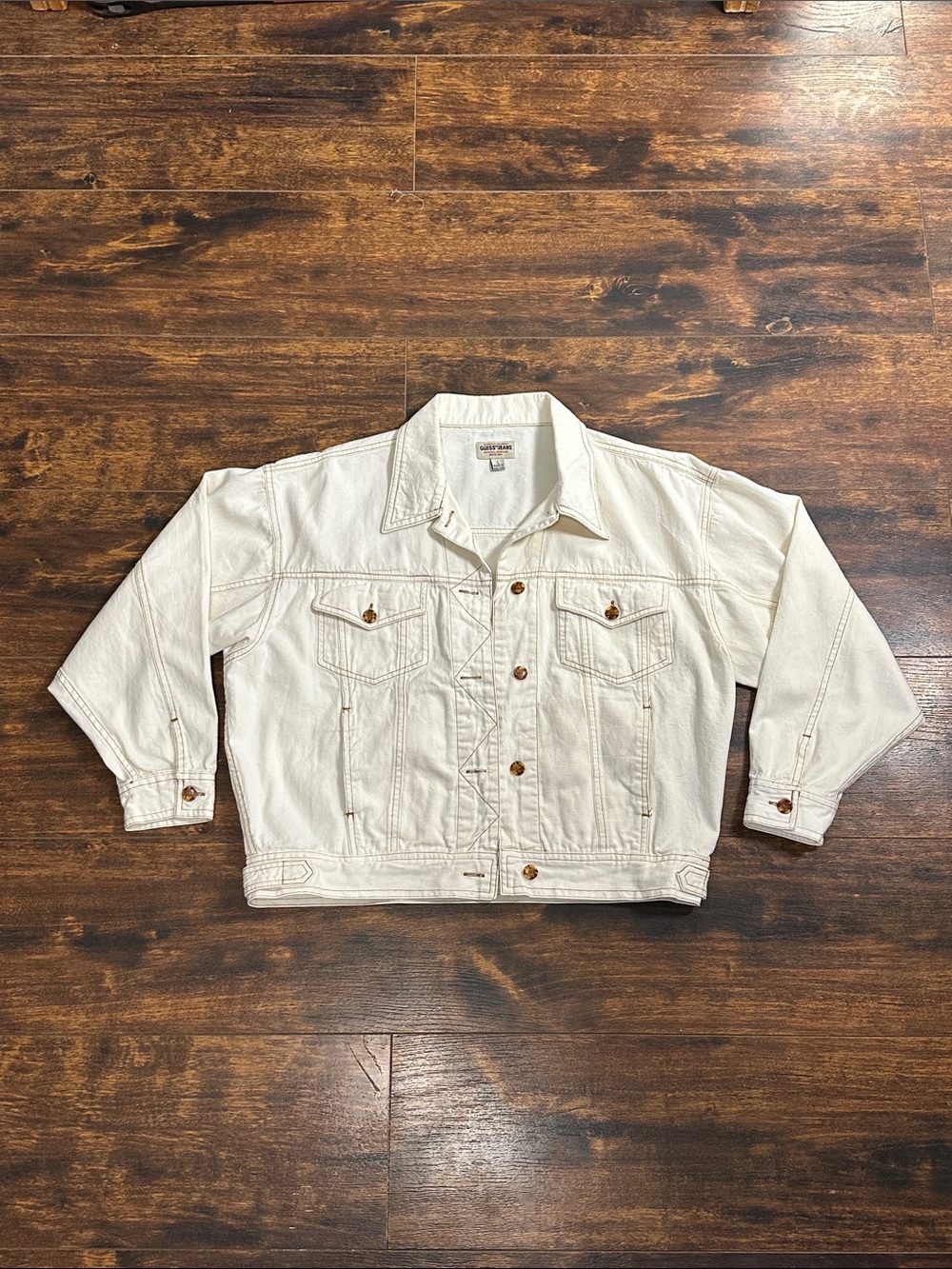 Vintage Guess Jeans Cream Denim Trucker Jacket L ๐ค 80s 90s